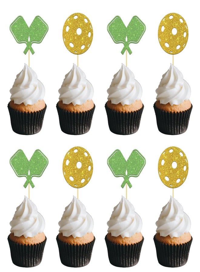 BOBYIYI 24 Pcs Pickleball Cupcake Toppers Pickleball Cake Decorations for Kids Pickleball Party Birthday Decor Sport Themed Birthday Retirement Party Supplies Glitter Green Golden - Image 1