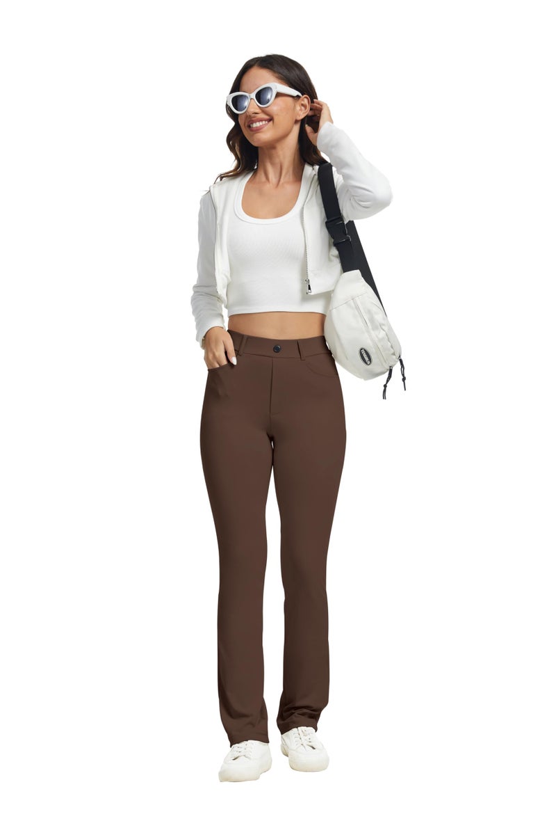 VIMPEP Yoga Pants Women Straight Leg Pants with Pockets High Waist Stretchy Pull On Dress Slacks for Casual Lounge Office Work Petite/Regular 1202 29 Dark Brown L - Image 5