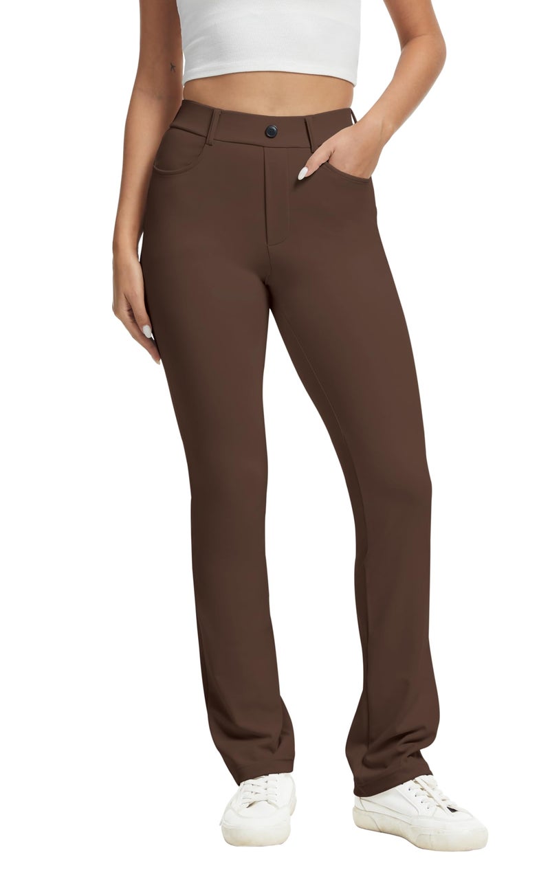VIMPEP Yoga Pants Women Straight Leg Pants with Pockets High Waist Stretchy Pull On Dress Slacks for Casual Lounge Office Work Petite/Regular 1202 29 Dark Brown L - Image 1