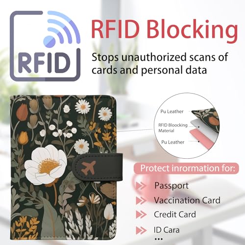 LumeTrav Passport Holder, Travel Wallet Cover with Pen Loop | Cute RFID Blocking Leather Case with Magnetic Closure for Travel Essentials-flower - Image 3