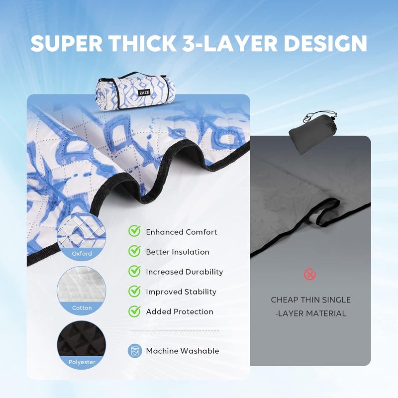 ZAZE Beach Blanket Picnic Blankets Waterproof Sandproof with Stakes, Thick 3-Layer 80 * 80 Oversized Mat, Extra Large Big Machine Washable, Foldable Accessories Outdoor Camping Park (Blue White) - Image 5