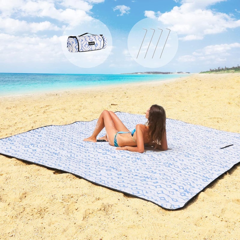 ZAZE Beach Blanket Picnic Blankets Waterproof Sandproof with Stakes, Thick 3-Layer 80 * 80 Oversized Mat, Extra Large Big Machine Washable, Foldable Accessories Outdoor Camping Park (Blue White) - Image 1