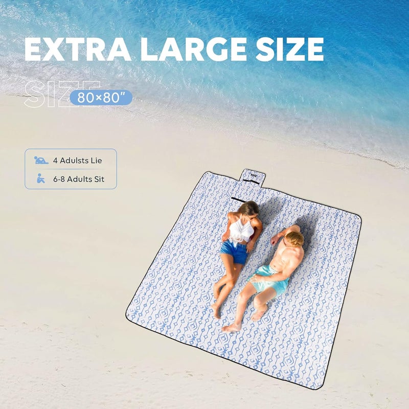 ZAZE Beach Blanket Picnic Blankets Waterproof Sandproof with Stakes, Thick 3-Layer 80 * 80 Oversized Mat, Extra Large Big Machine Washable, Foldable Accessories Outdoor Camping Park (Blue White) - Image 2