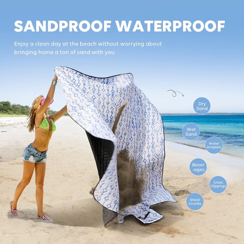 ZAZE Beach Blanket Picnic Blankets Waterproof Sandproof with Stakes, Thick 3-Layer 80 * 80 Oversized Mat, Extra Large Big Machine Washable, Foldable Accessories Outdoor Camping Park (Blue White) - Image 4