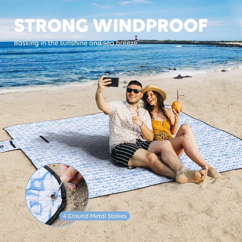 ZAZE Beach Blanket Picnic Blankets Waterproof Sandproof with Stakes, Thick 3-Layer 80 * 80 Oversized Mat, Extra Large Big Machine Washable, Foldable Accessories Outdoor Camping Park (Blue White) - Image 3