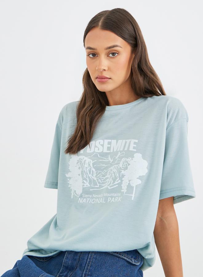 Styli Women Green Yosemite Graphic Oversized T-Shirt - Image 1