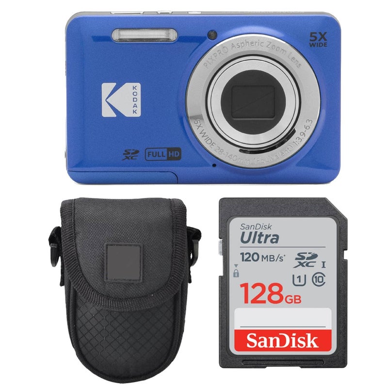 Photo4Less كاميرا كوداك PIXPRO FZ55 الرقمية (زرقاء) + حقيبة كاميرا نقطة وتصوير + بطاقة ذاكرة SanDisk 128GB SDXC - Image 1