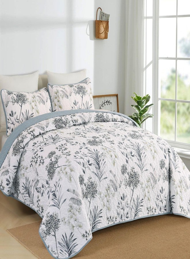 Anibedding Queen Size Quilt Sets Blue Floral Pattern Quilt Bedding Set, 3 Pieces Botanical Quilt Soft Microfiber Bed Coverlet for All Season(96" x 90) - Image 2