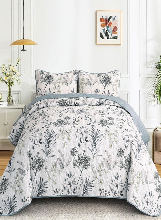 Anibedding Queen Size Quilt Sets Blue Floral Pattern Quilt Bedding Set, 3 Pieces Botanical Quilt Soft Microfiber Bed Coverlet for All Season(96" x 90) - Image 1