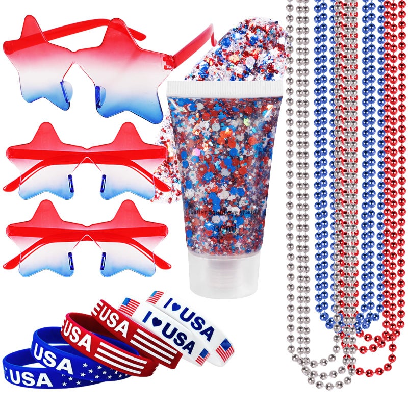 Mysense 4th of July Outfits for Women4th of July Accessories Set with Red White Blue Face Hair Body Glitter3 USA Flag Sunglasses9 Beaded Necklaces6 Bracelets for Independence Day 250 Anniversary - Image 3