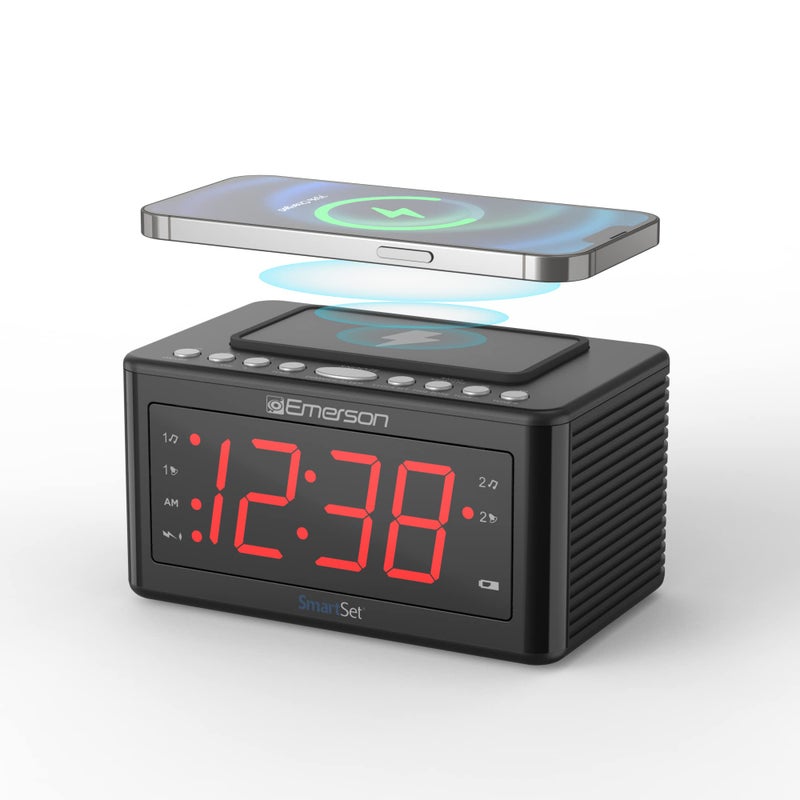 Emerson CKSW0555 Smartset Wireless Charging Alarm Clock Radio Featuring a Large 14 Red LED Display and Temperature Sensor FM Radio Black