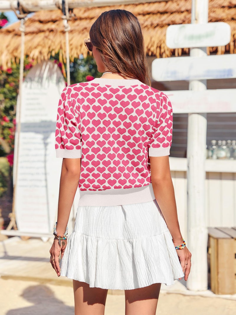 Yousify Women Puff Short Sleeve Sweater Casual Cropped Knit Shirts Cute Heart Holidays Graphic Print Pullover Jumper Tops 2025 White Pink - Image 3