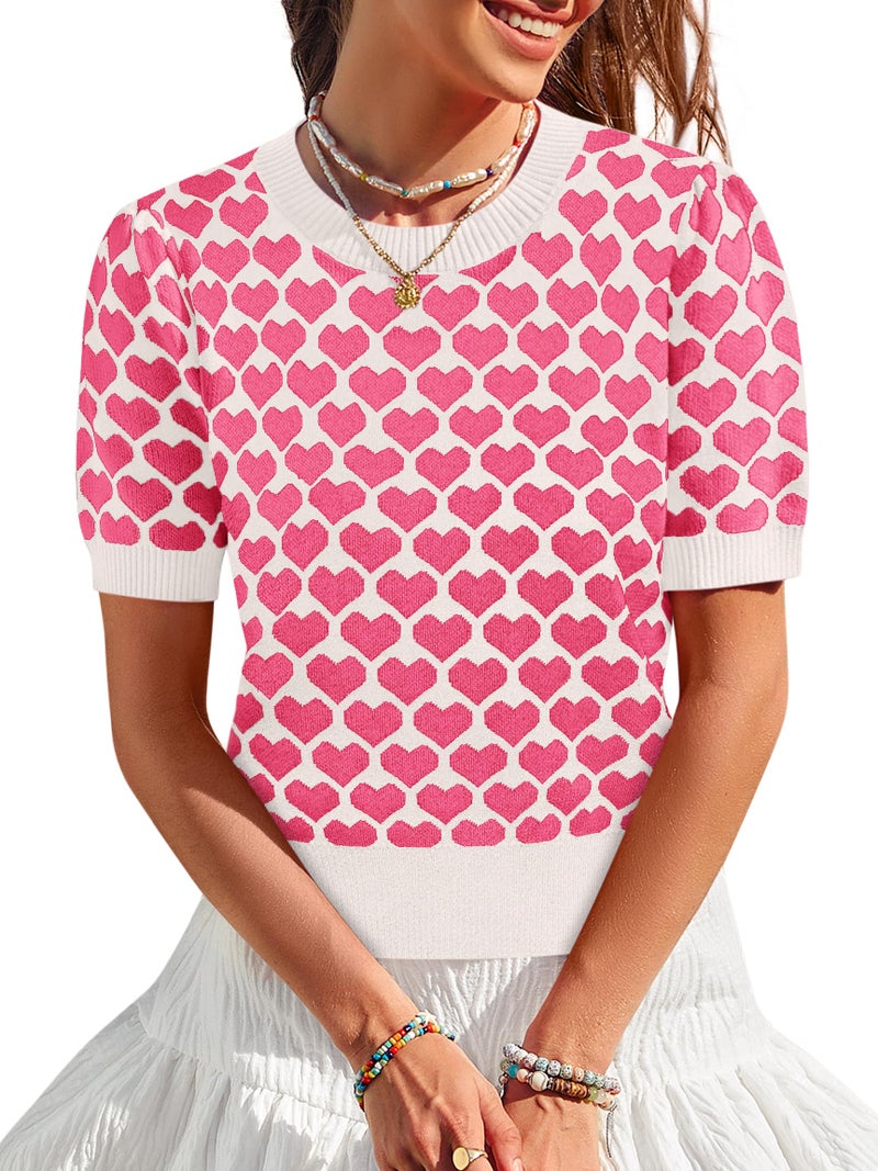 Yousify Women Puff Short Sleeve Sweater Casual Cropped Knit Shirts Cute Heart Holidays Graphic Print Pullover Jumper Tops 2025 White Pink - Image 2