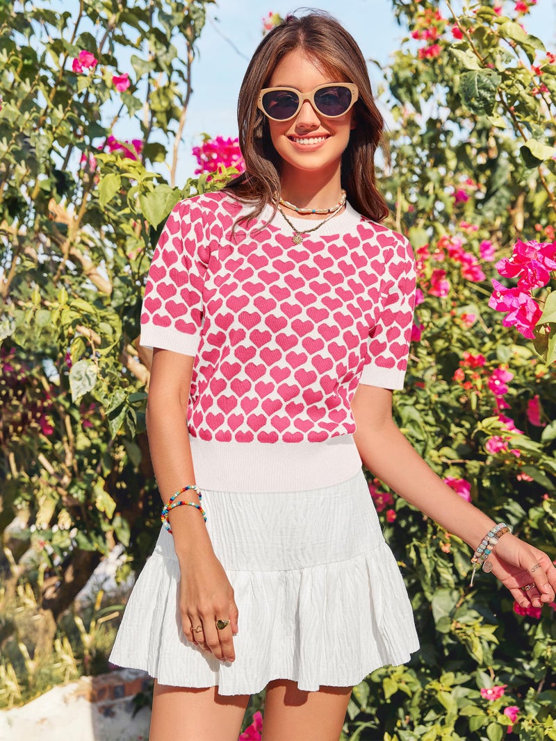 Yousify Women Puff Short Sleeve Sweater Casual Cropped Knit Shirts Cute Heart Holidays Graphic Print Pullover Jumper Tops 2025 White Pink - Image 5