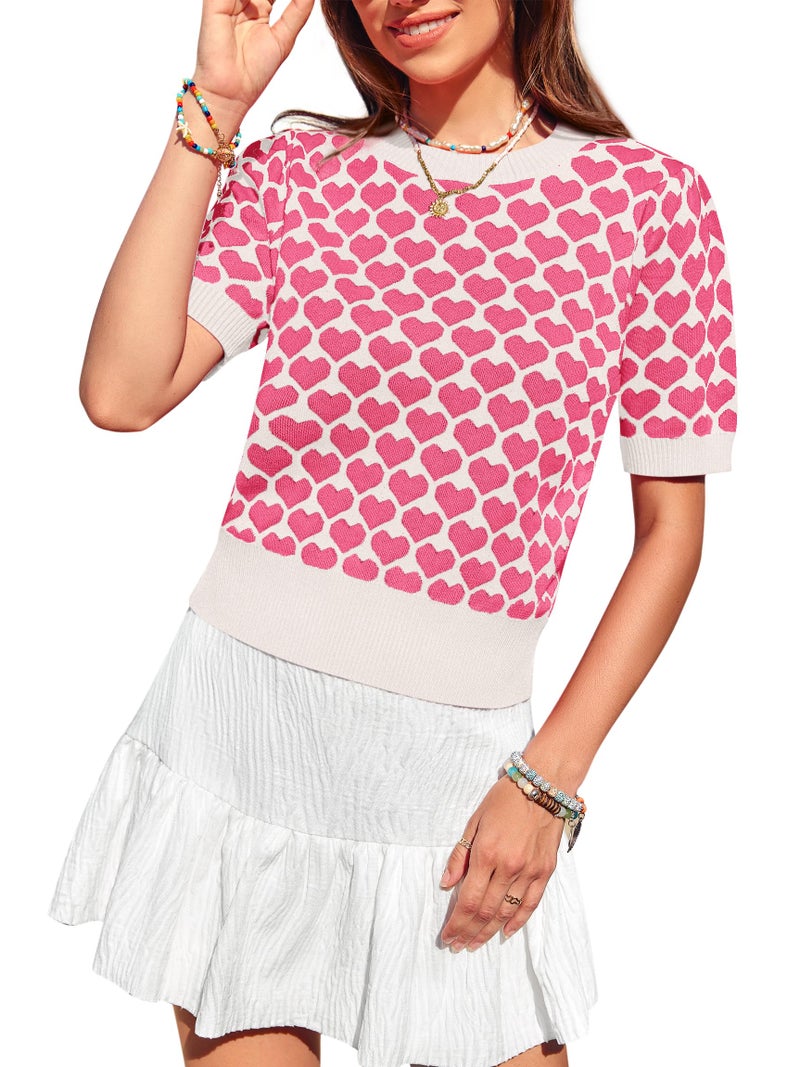 Yousify Women Puff Short Sleeve Sweater Casual Cropped Knit Shirts Cute Heart Holidays Graphic Print Pullover Jumper Tops 2025 White Pink - Image 1