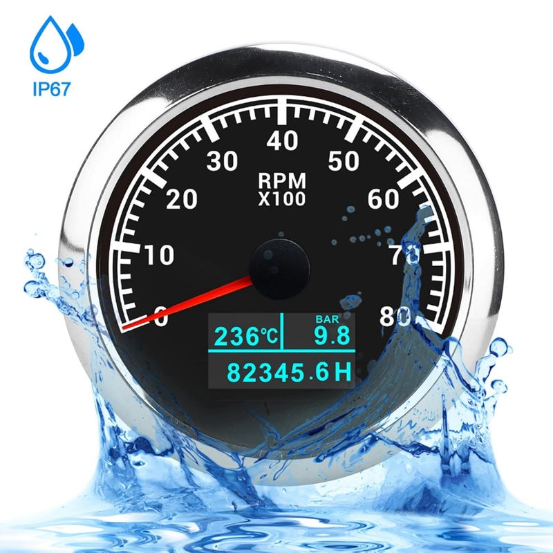 3 in 1 Tachometer Water Temp Oil Pressure and Hour Meter Gauge for Car Truck Ship, IP67 Pointer Display with White Dial and High Sensitivity Stepping Motor for High Precision (Black Dial) - Image 5