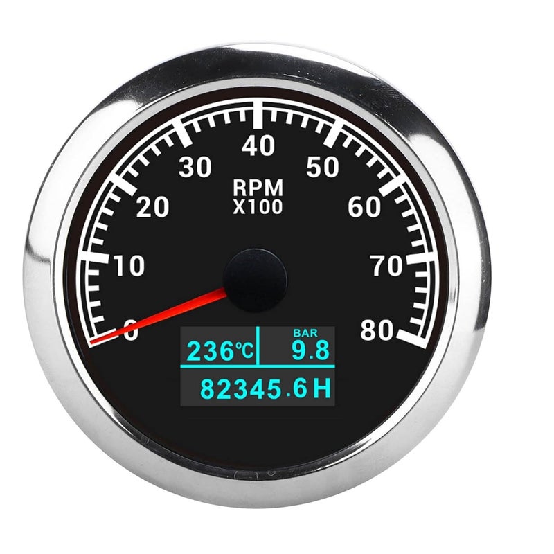 3 in 1 Tachometer Water Temp Oil Pressure and Hour Meter Gauge for Car Truck Ship, IP67 Pointer Display with White Dial and High Sensitivity Stepping Motor for High Precision (Black Dial) - Image 1