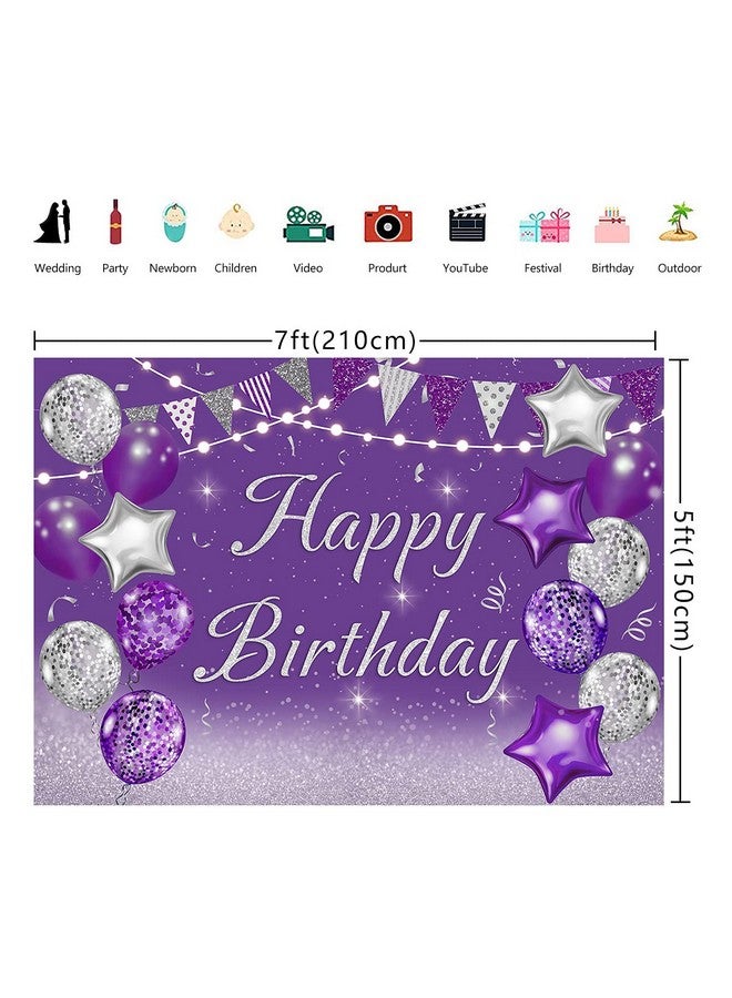 INRUI Purple Happy Birthday Party Photography Background Silver Glitter Balloons Girls Women Sweet Princess Bday Event Favors Supplies Decoration Backdrop 7X5Ft - Image 3