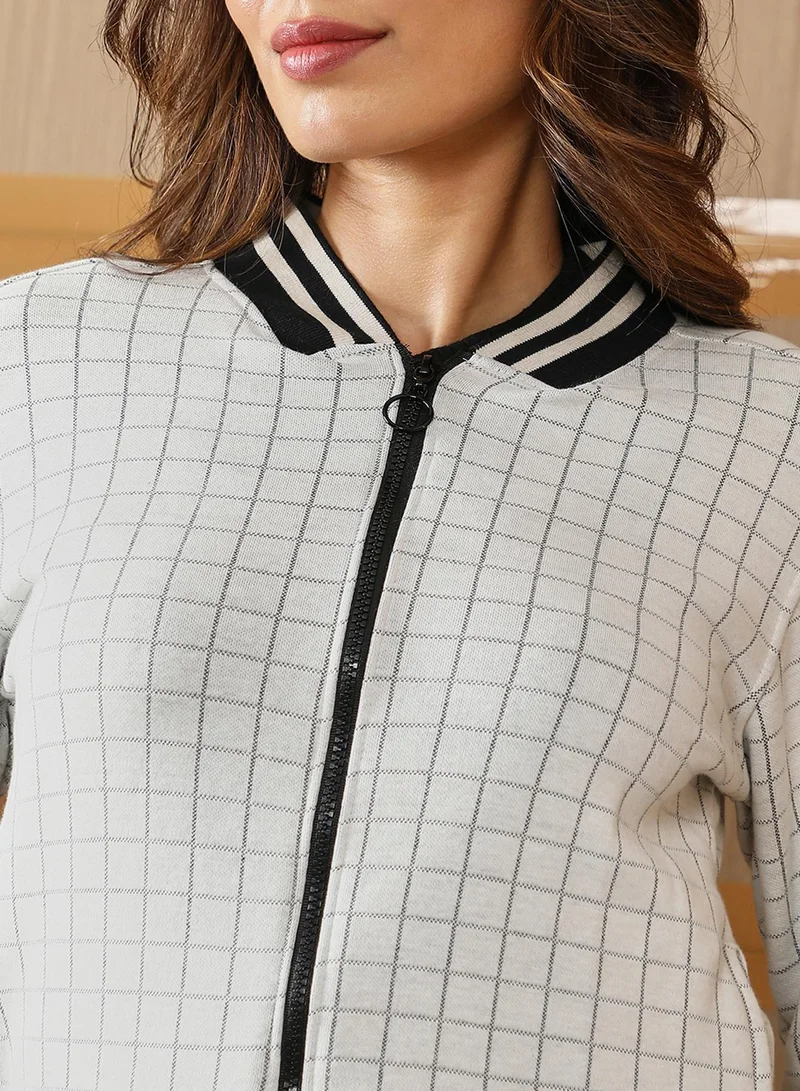 Campus Sutra Women's Cloud Grey Zip-Front Graph Check Jacket