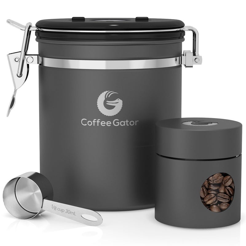 Coffee Gator Coffee Canister Airtight, 16oz Stainless Steel and 4oz Borosilicate Glass Travel Kitchen Food Storage Container with Date Tracker, Scoop for Beans, Ground, Sugar, Tea, Cookies Jars - Image 1