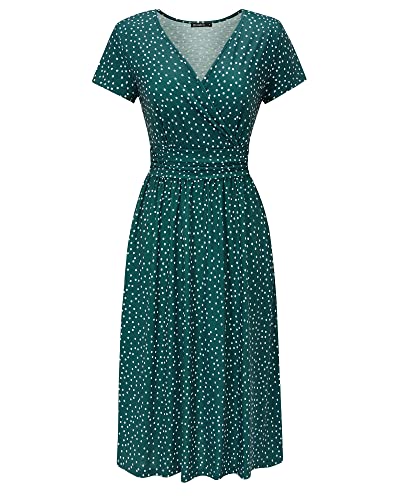 OUGES Women's Summer Dresses for Women 2025 Spring Sundresses Short Sleeve V-Neck Floral Short Party Dress with Pockets(Green Polka Dot,M) - Image 3
