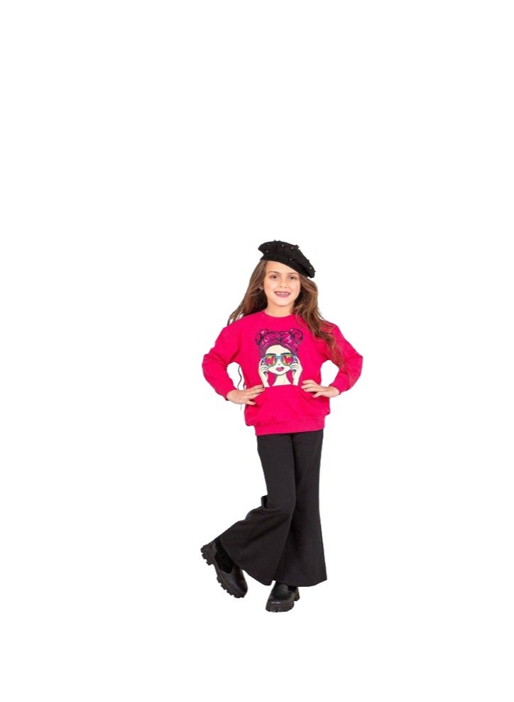 Girls set, fuchsia T-shirt and black pants