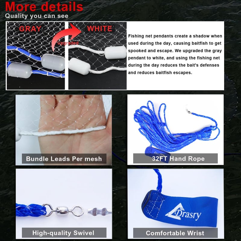 Drasry Saltwater Fishing Cast Net 3/8 and 1/4 Mesh with Heavy Duty Gray Sinker American Monofilament Fish Throw Net for Bait Trap 3FT 4FT 5FT 6FT 7FT 8FT 9FT Radius 3/8, 9FT Radius /270cm - Image 3