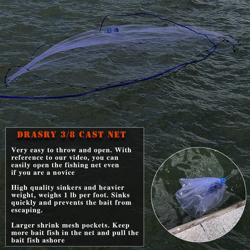 Drasry Saltwater Fishing Cast Net 3/8 and 1/4 Mesh with Heavy Duty Gray Sinker American Monofilament Fish Throw Net for Bait Trap 3FT 4FT 5FT 6FT 7FT 8FT 9FT Radius 3/8, 9FT Radius /270cm - Image 5