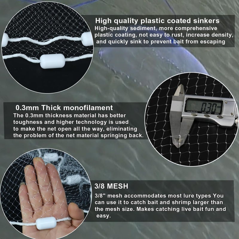Drasry Saltwater Fishing Cast Net 3/8 and 1/4 Mesh with Heavy Duty Gray Sinker American Monofilament Fish Throw Net for Bait Trap 3FT 4FT 5FT 6FT 7FT 8FT 9FT Radius 3/8, 9FT Radius /270cm - Image 2