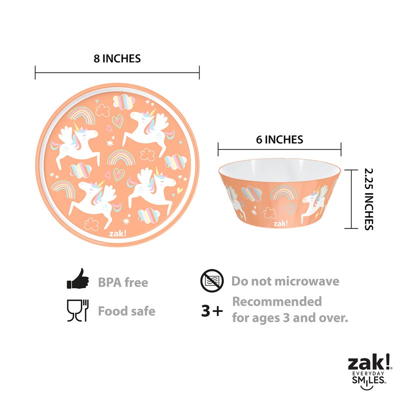 Zak Designs 5-Piece Dinnerware Set, Unicorn - Durable Plastic & Stainless Steel - Includes Water Bottle, 8-Inch Plate, 6-Inch Bowl, Fork & Spoon - Suitable for Kids Ages 3+ - Image 4