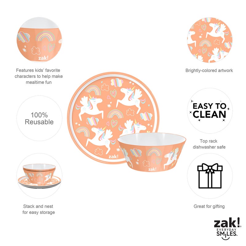 Zak Designs 5-Piece Dinnerware Set, Unicorn - Durable Plastic & Stainless Steel - Includes Water Bottle, 8-Inch Plate, 6-Inch Bowl, Fork & Spoon - Suitable for Kids Ages 3+ - Image 5