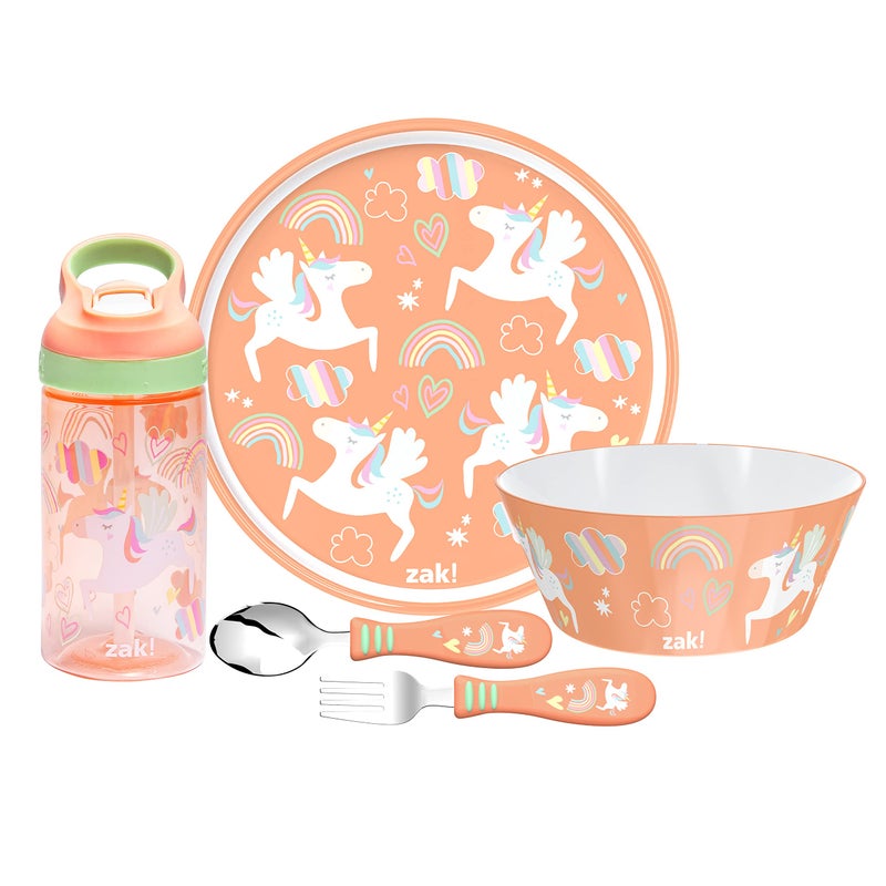 Zak Designs 5-Piece Dinnerware Set, Unicorn - Durable Plastic & Stainless Steel - Includes Water Bottle, 8-Inch Plate, 6-Inch Bowl, Fork & Spoon - Suitable for Kids Ages 3+ - Image 1