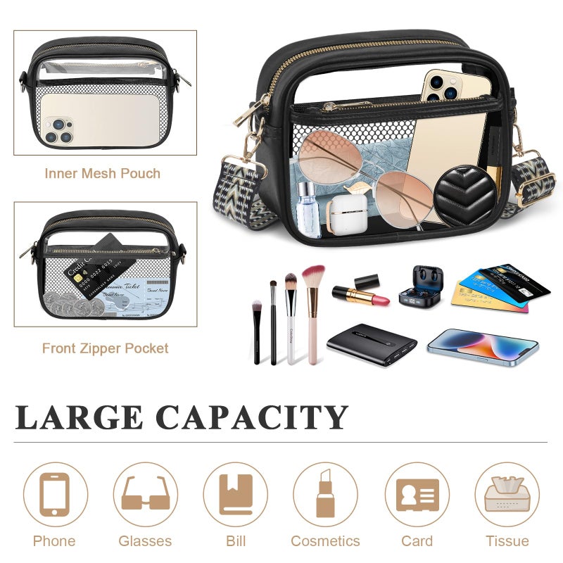KETIEE Clear Bag for Stadium Events, Clear Crossbody Bag Stadium Approved Clear Purses for Women with Front Pocket, Mesh Pouch and Adjustable Strap for Concerts Sports Festivals (Black) - Image 3