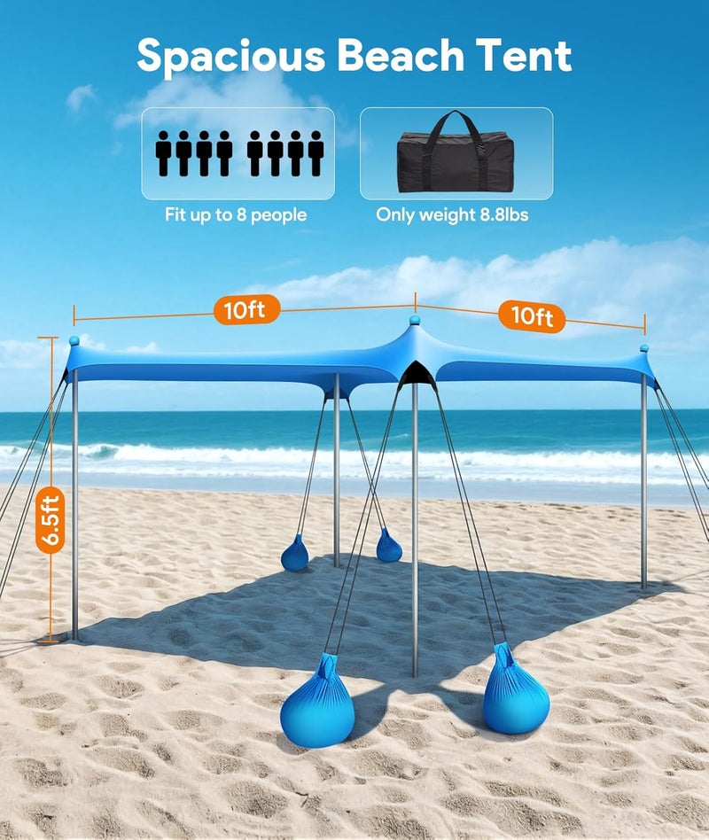 73Hours Beach Tent Sun Shelter, 10 x 10 FT Beach Canopy Tent Sun Shade, UPF50+ Tents Canopy with 8 Sandbags  4 Stability Poles, Outdoor Tents for Camping Fishing, Sky Blue - Image 5