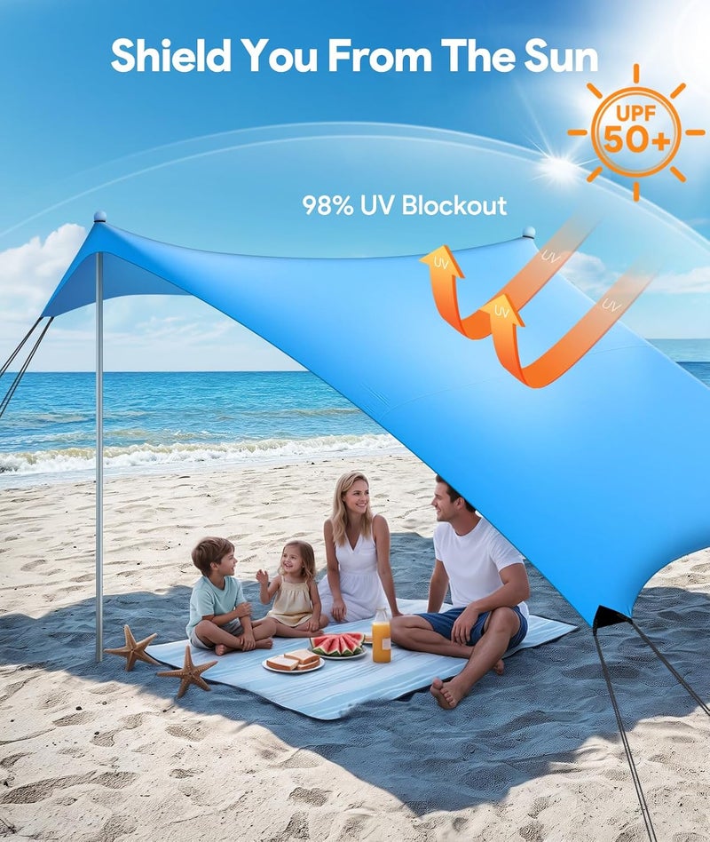 73Hours Beach Tent Sun Shelter, 10 x 10 FT Beach Canopy Tent Sun Shade, UPF50+ Tents Canopy with 8 Sandbags  4 Stability Poles, Outdoor Tents for Camping Fishing, Sky Blue - Image 2