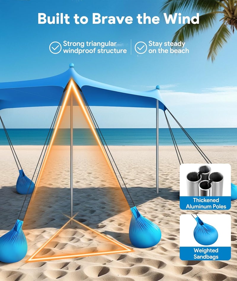 73Hours Beach Tent Sun Shelter, 10 x 10 FT Beach Canopy Tent Sun Shade, UPF50+ Tents Canopy with 8 Sandbags  4 Stability Poles, Outdoor Tents for Camping Fishing, Sky Blue - Image 3
