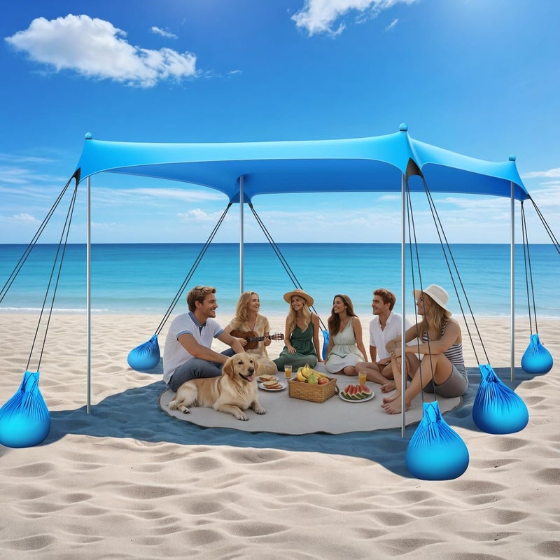 73Hours Beach Tent Sun Shelter, 10 x 10 FT Beach Canopy Tent Sun Shade, UPF50+ Tents Canopy with 8 Sandbags  4 Stability Poles, Outdoor Tents for Camping Fishing, Sky Blue - Image 1