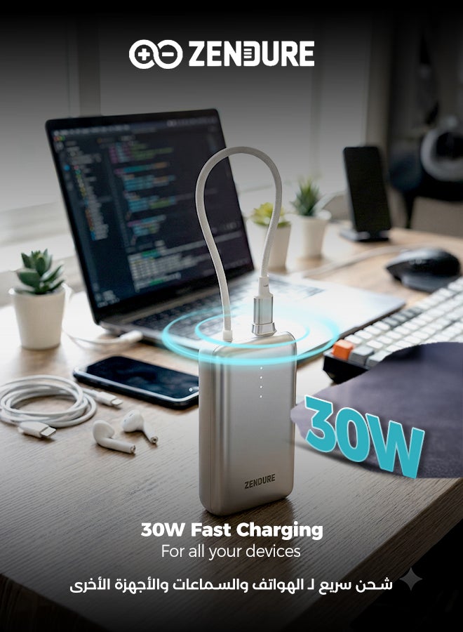 ZENDURE 10000 mAh 10000mAh SuperMini Pro Power Bank | 30W Portable Charger | Built-in Durable Cable | Fast Charging for iPhone & Android | Compact Travel Charger Silver - Image 4