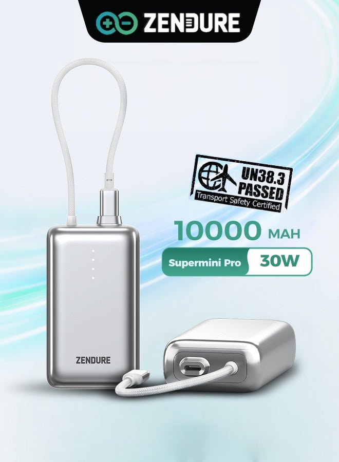 ZENDURE 10000 mAh 10000mAh SuperMini Pro Power Bank | 30W Portable Charger | Built-in Durable Cable | Fast Charging for iPhone & Android | Compact Travel Charger Silver - Image 1