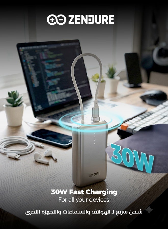 ZENDURE 10000 mAh 10000mAh SuperMini Pro Power Bank | 30W Portable Charger | Built-in Durable Cable | Fast Charging for iPhone & Android | Compact Travel Charger Silver - Image 4