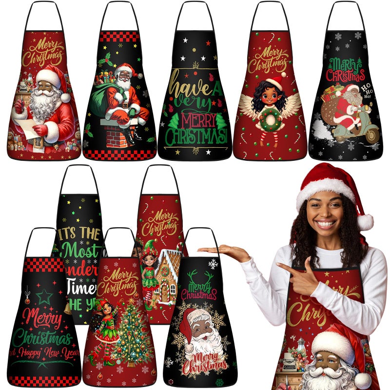 Toulite 10 Pcs African Santa Claus Christmas Apron Adjustable Kitchen Cooking Aprons BBQ Bib Funny Chef Apron for Women men XmasMulticolor - Image 2