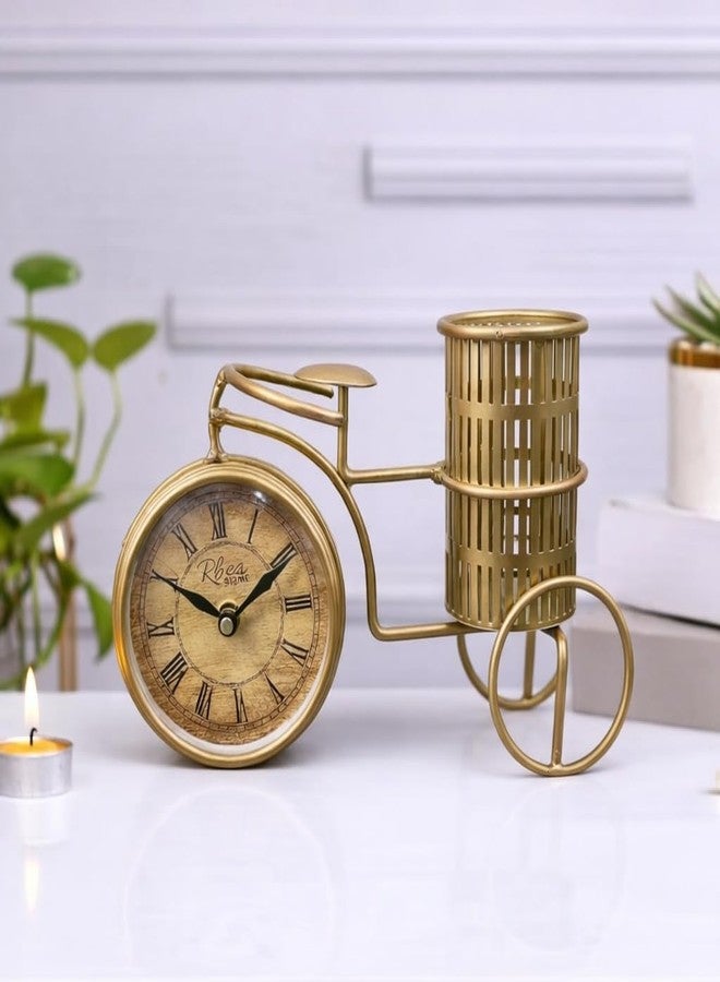 RHEA STORE Metal Cycle Pen Stand with Clock (Golden) - Decorative Desk Organizer Pencil Holder Showpiece for Office, | Stylish Table Decoration Gift for Doctors, Lawyers, Teachers & Corporate Use - Image 2