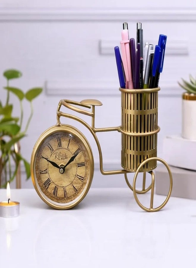RHEA STORE Metal Cycle Pen Stand with Clock (Golden) - Decorative Desk Organizer Pencil Holder Showpiece for Office, | Stylish Table Decoration Gift for Doctors, Lawyers, Teachers & Corporate Use - Image 1