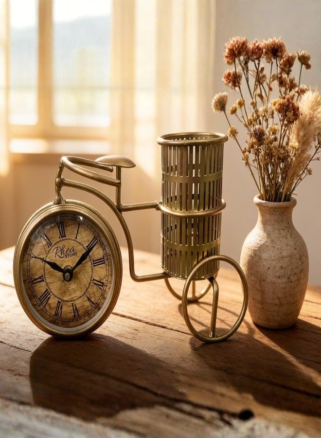 RHEA STORE Metal Cycle Pen Stand with Clock (Golden) - Decorative Desk Organizer Pencil Holder Showpiece for Office, | Stylish Table Decoration Gift for Doctors, Lawyers, Teachers & Corporate Use - Image 4