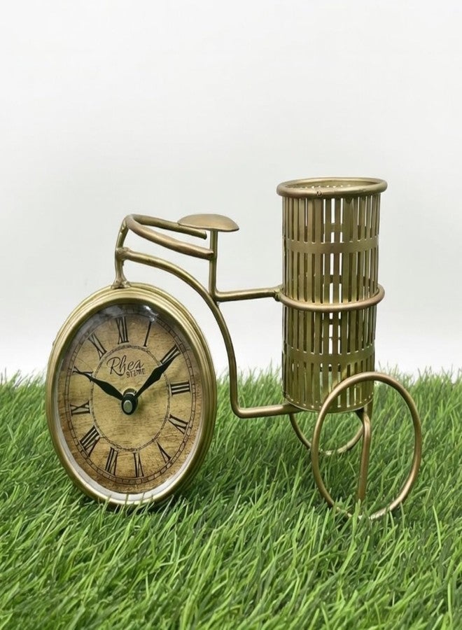 RHEA STORE Metal Cycle Pen Stand with Clock (Golden) - Decorative Desk Organizer Pencil Holder Showpiece for Office, | Stylish Table Decoration Gift for Doctors, Lawyers, Teachers & Corporate Use - Image 3