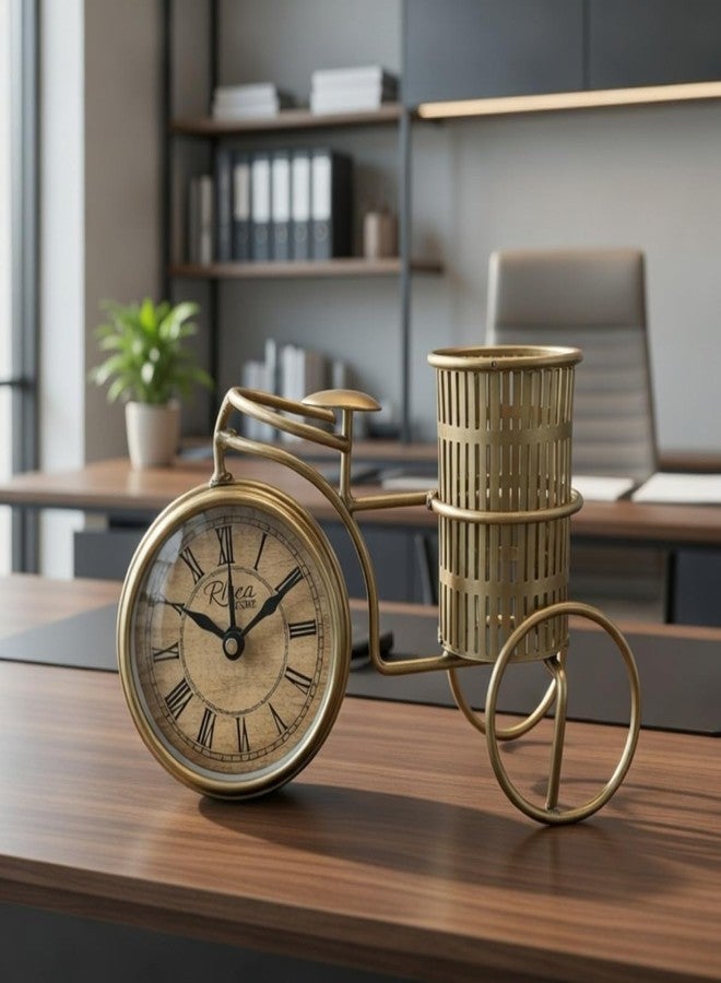 RHEA STORE Metal Cycle Pen Stand with Clock (Golden) - Decorative Desk Organizer Pencil Holder Showpiece for Office, | Stylish Table Decoration Gift for Doctors, Lawyers, Teachers & Corporate Use - Image 5