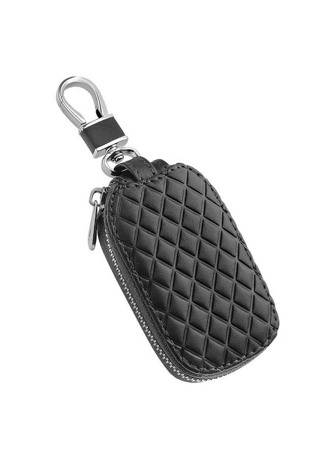 keyzone Unisex Mens Womens Premium Checkered Pattern Leather Car Key Holder pouch Bag Keychain Case Wallet with Zipper Closure (Black) - Image 1