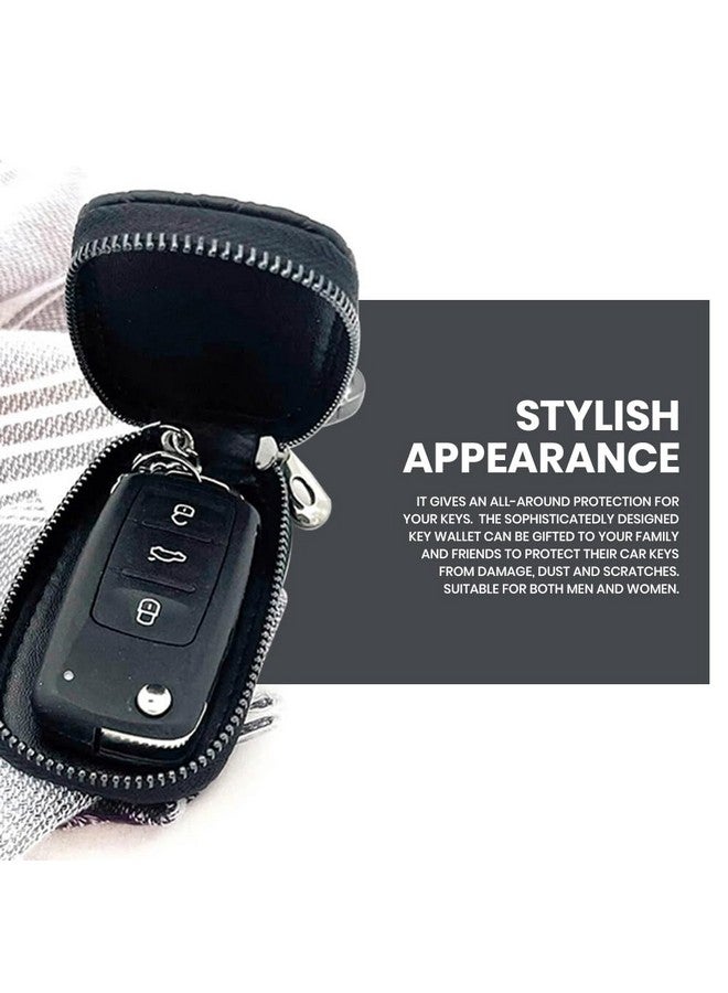 keyzone Unisex Mens Womens Premium Checkered Pattern Leather Car Key Holder pouch Bag Keychain Case Wallet with Zipper Closure (Black) - Image 3