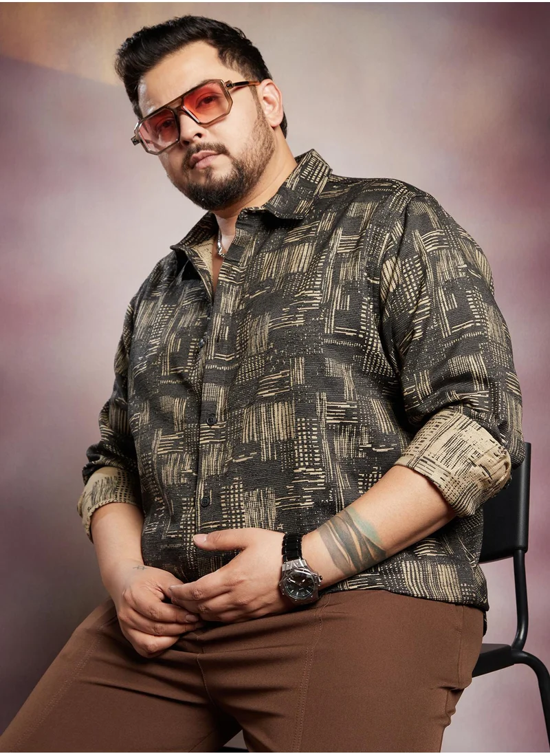 انستافاب بلس Instafab Plus Men's Black & Beige Threadline -Weave Shirt For Casual Wear | Spread Collar | Long Cuffed Sleeves | Button Closure | Plus Size Shirt Crafted With Comfort Fit For Everyday Wear