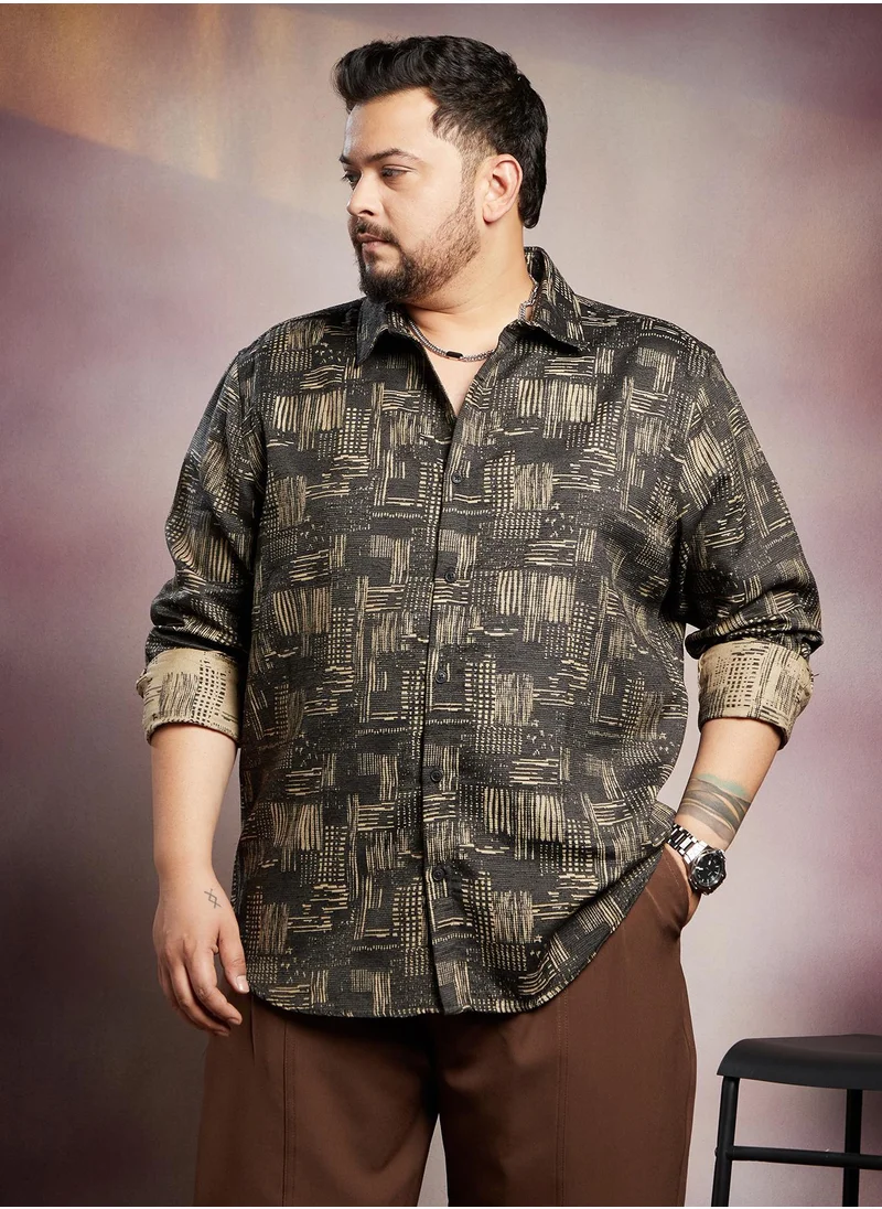 انستافاب بلس Instafab Plus Men's Black & Beige Threadline -Weave Shirt For Casual Wear | Spread Collar | Long Cuffed Sleeves | Button Closure | Plus Size Shirt Crafted With Comfort Fit For Everyday Wear